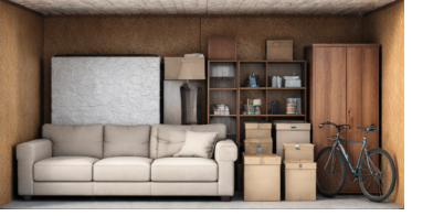 Furniture and appliances from a 2-bedroom house in indoor storage