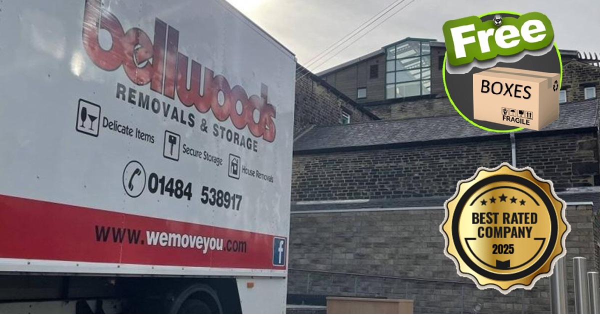 A Bellwoods Removals and Storage van marked with delicate items, secure storage and house removals, ready for a collection in Kirklees