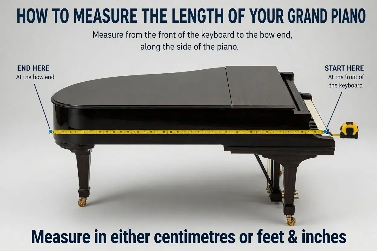 Diagram showing how to measure a grand piano's length, from the front of the keyboard to the curved bow end, in centimetres or feet and inches